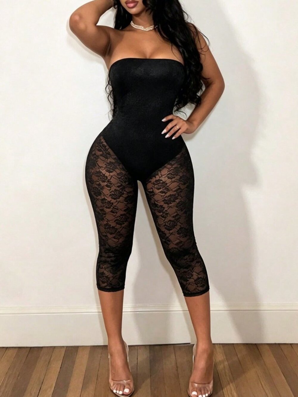 Black Sexy Women's Lace Bustier Sheer Mesh Jacquard Slim Fit Midi Jumpsuit - Picture 4 of 6